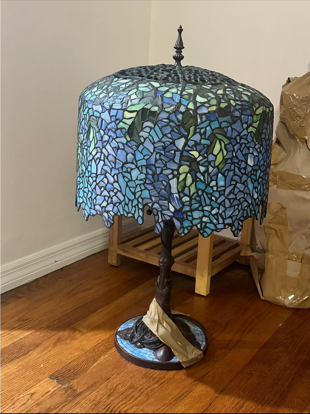 Wisteria Inspired Stained Glass Mosaic Table Lamp in Blue and Green